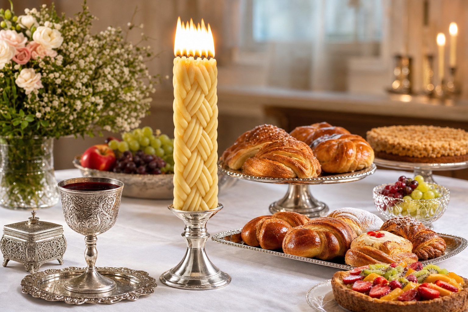 A braided Ner Shava havdalah candle burning over a set melaveh malka table