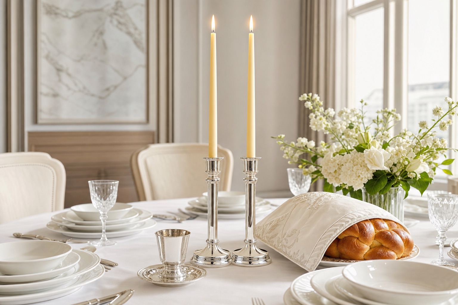 A fully set Shabbos table with Ner Shava candles burning in silver leichter