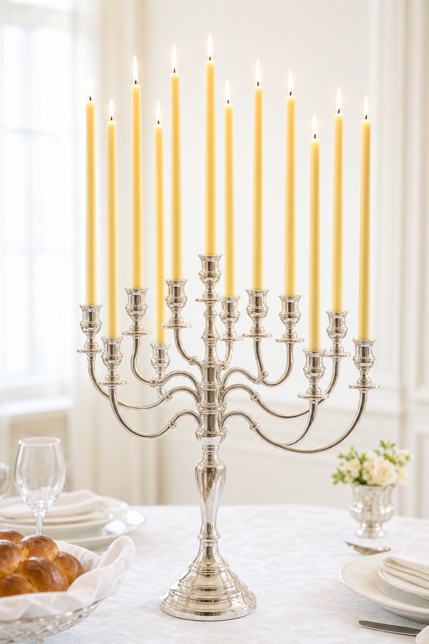 A twelve-branch silver leichter with Ner Shava beeswax candles burning